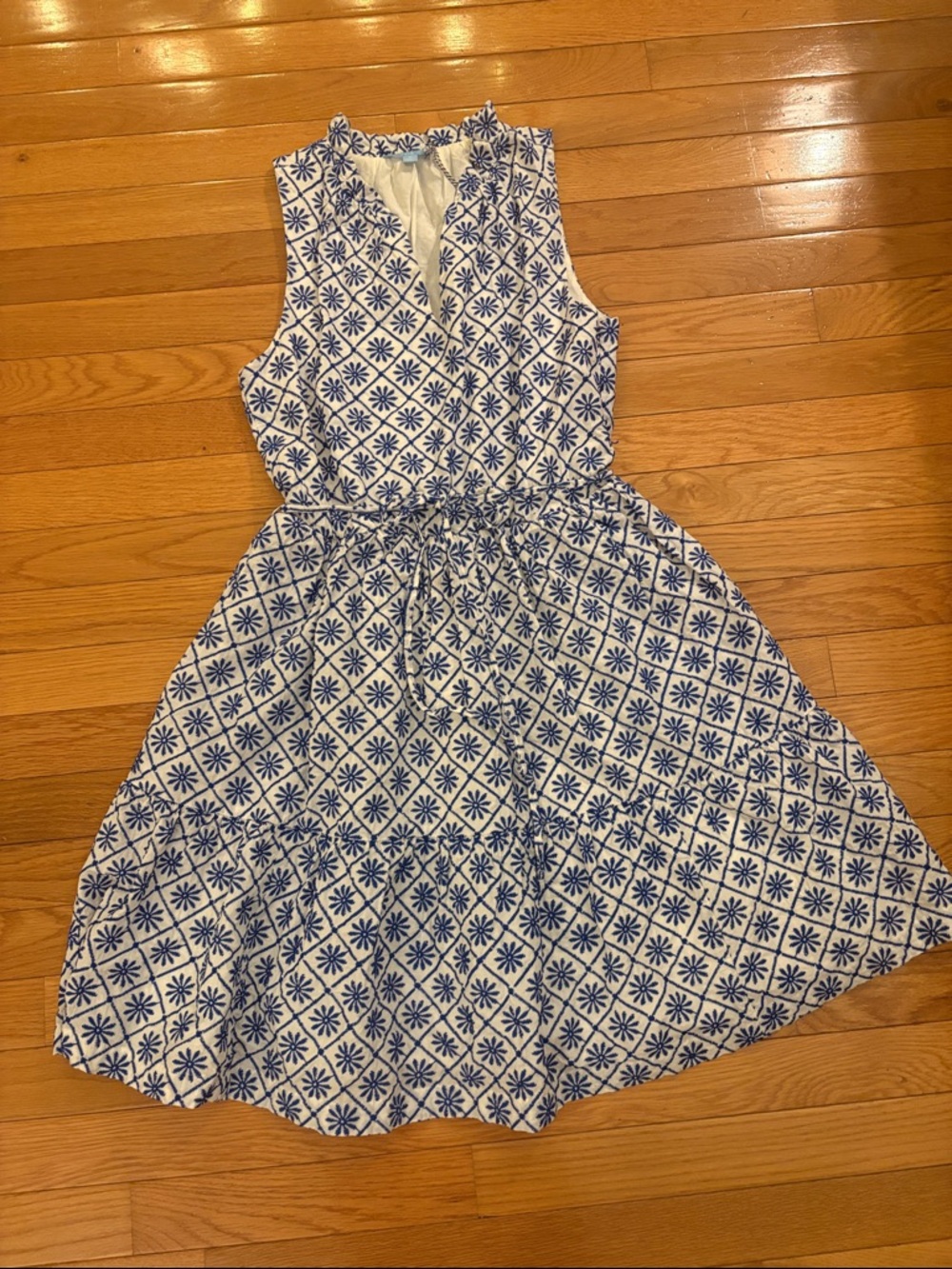 Draper James White and Blue Sleeveless Printed Midi Dress